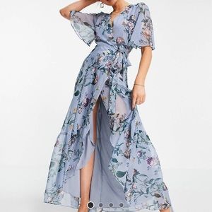 Powder Blue Floral Flutter Sleeve Wrap Dress Size 12